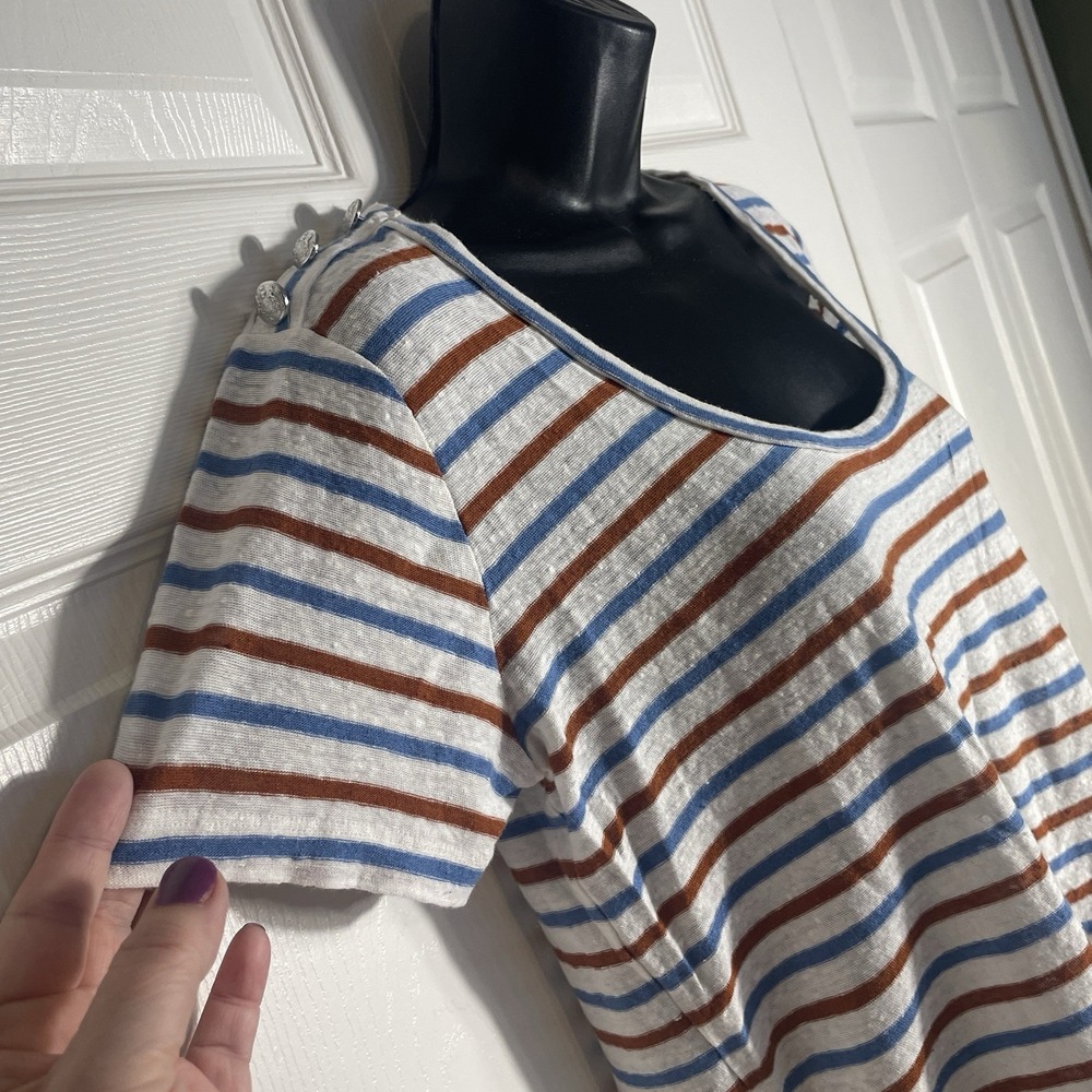 Veronica Beard Benji Striped Linen T Shirt Women XS Rust Blue Striped Oversized - Picture 2 of 10